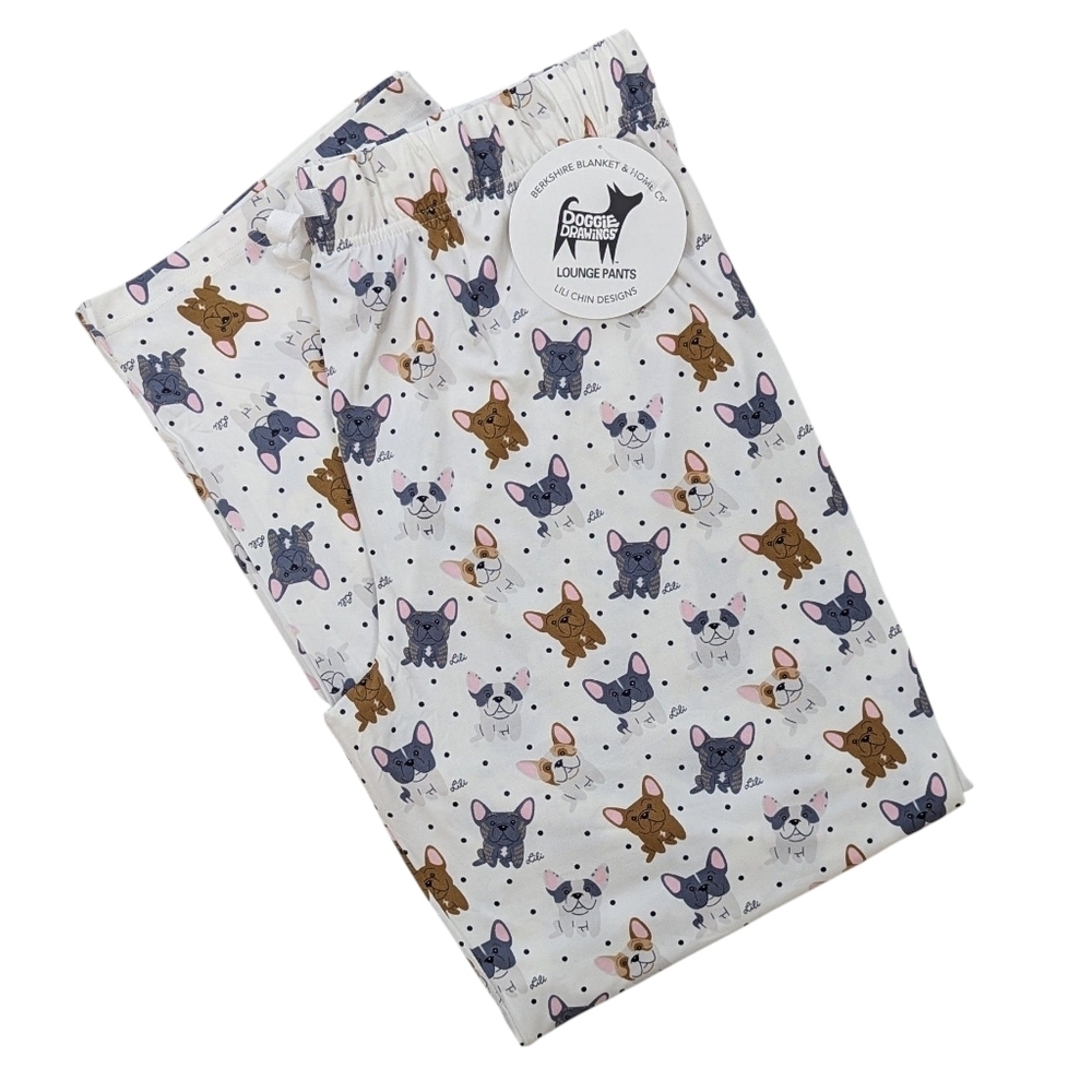 French Bulldog Frenchie Print Lounge Pant Ivory Multicolor Lily Chin L NWT